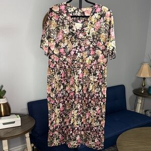 Roaman's Black Pink Floral Pleaded Midi Sheer Dress, Bow Tie & Shoulder Pads